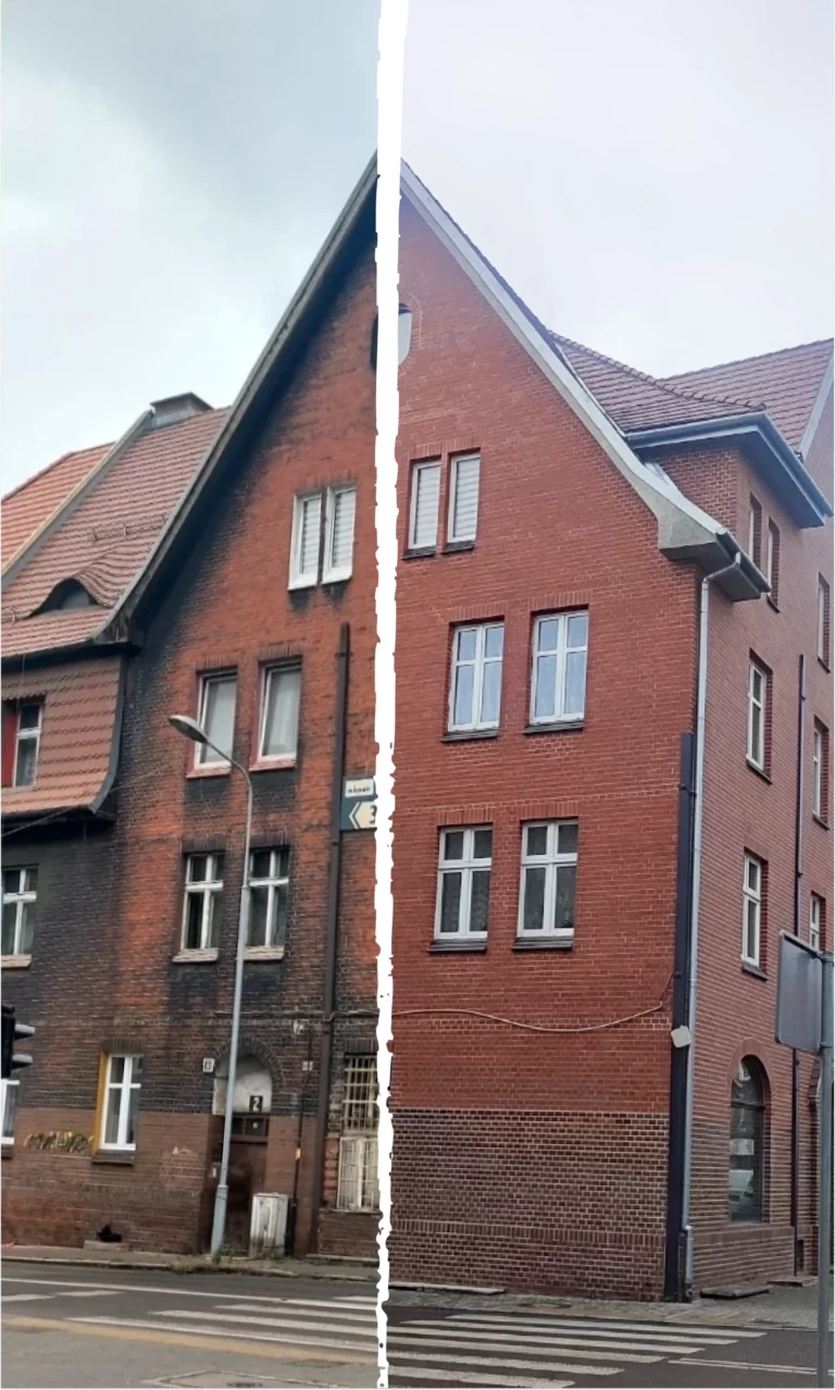 Budynek z cegły po czyszczeniu laserem, porównanie przed i po - Laser Czyszczący Skrzypek.